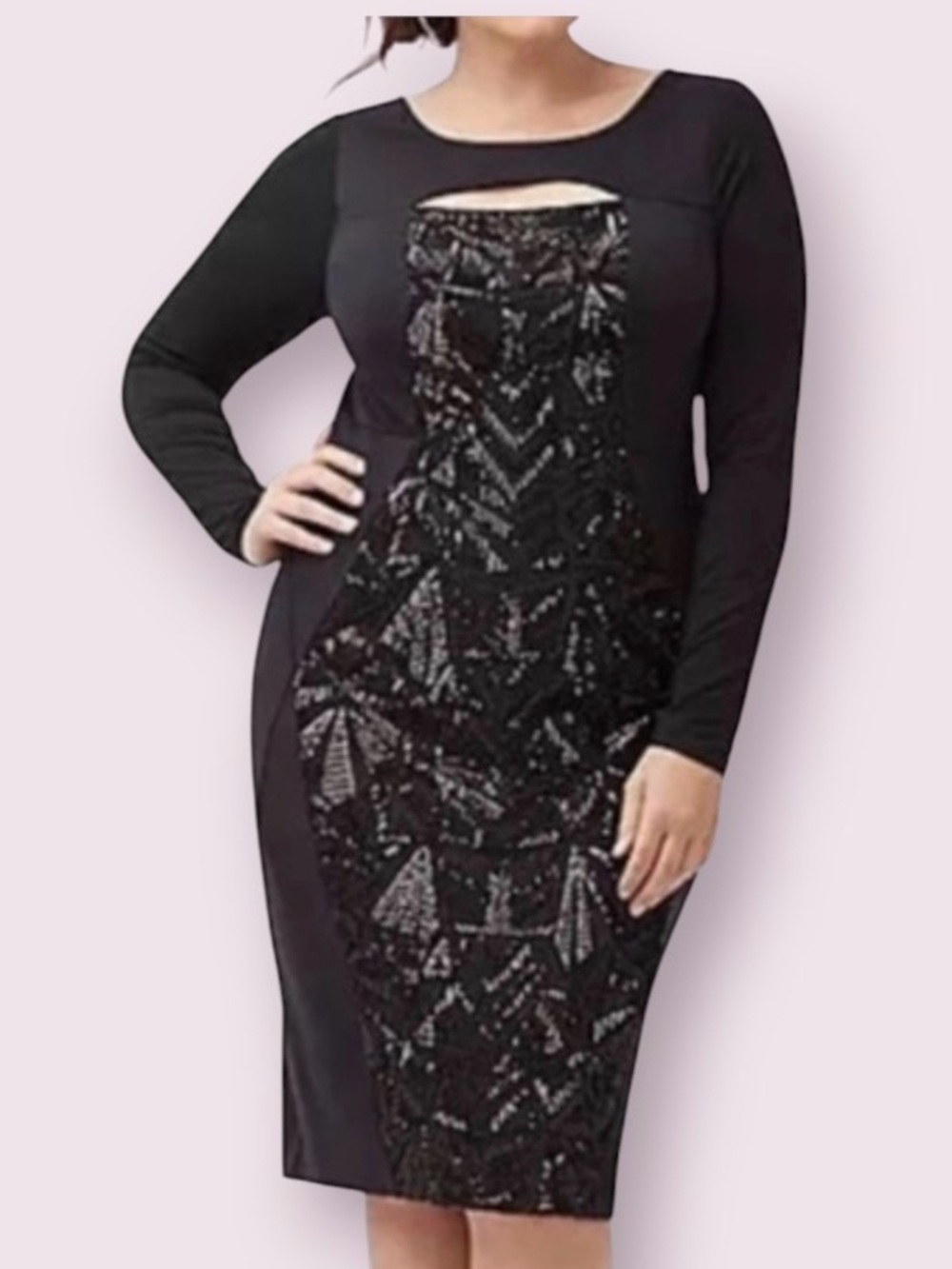 Lane Bryant Long Sleeve Dress Front Cutout Sequins Front Black Size 28